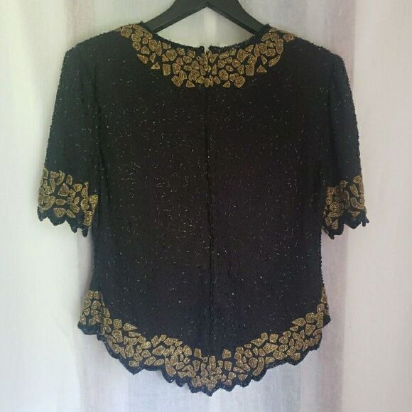 VTG Lourence Kazar Top Blouse Short Sleeves Black Gold Fully Sequins Lined Sz XL - Picture 7 of 15